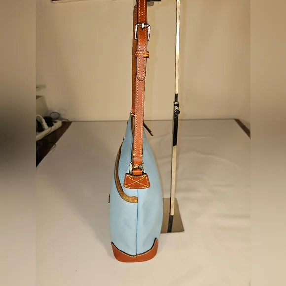 Dooney & Bourke Sky Blue and Tan Pebbled Leather Crossbody Bag - Picture 4 of 10